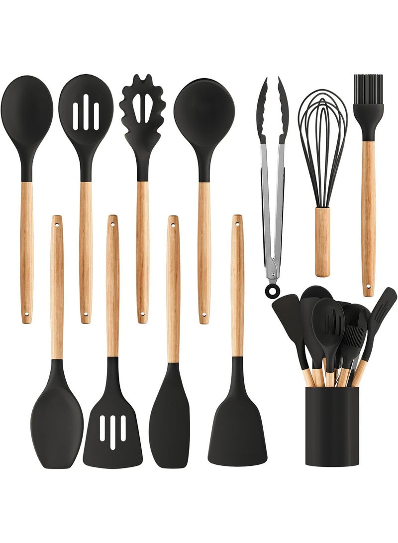 طقم أدوات مطبخ سيليكون 12 قطعة غير لاصق بمقابض خشبية (أسود) - Image 1